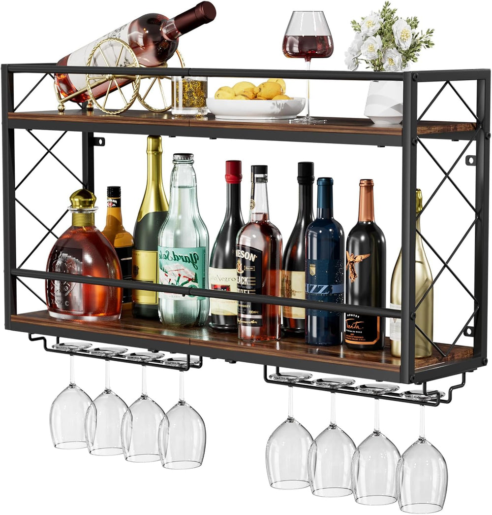 Wine Rack Wall Mounted 2 Tier Wall Wine Rack with Glass Holder, Double Layer ...