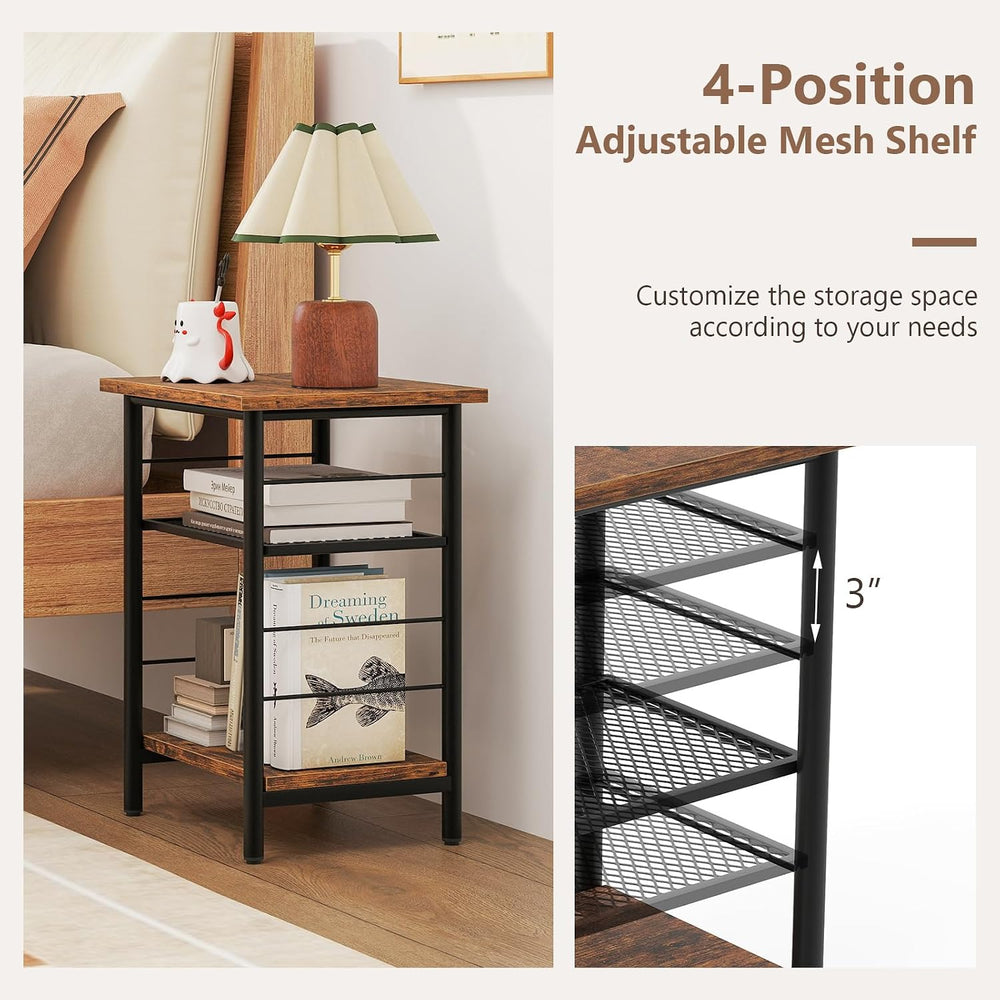 Giantex 3-Tier Side Table with Adjustable Mesh Shelf, Industrial Nightstand, ...