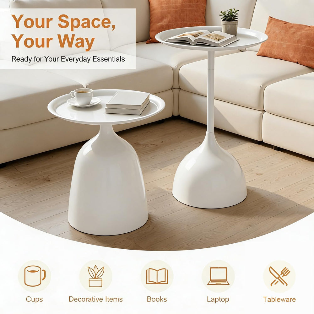 Modern Round Side Table Set of 2, Metal Nesting End Tables White/Black Minima...