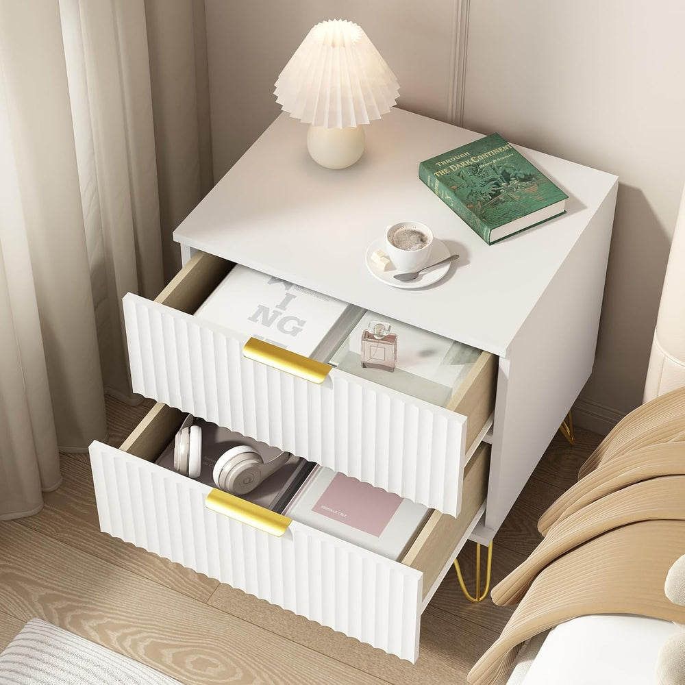 White Fluted Nightstand Set of 2, Modern Bedside Table with 2 Drawers and Gol...