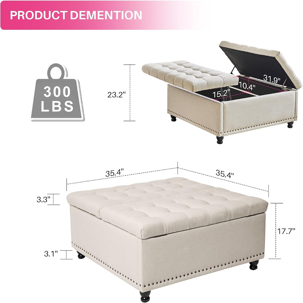 Redlife 35 Inch Large Square Storage Ottoman, Coffee Table Ottoman, Linen | L...