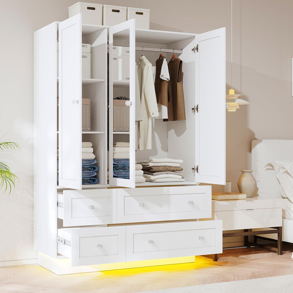 VOWNER Wardrobe Closet with 3 Doors Bedroom Armoire with Mirror & 4 Drawers