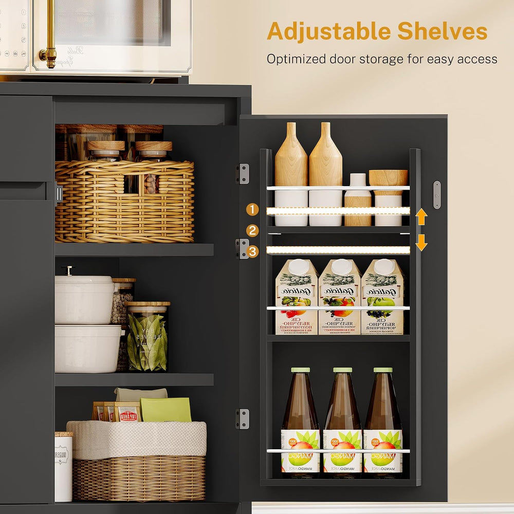 TEENFON Pantry Cabinet with Charging Station and LED Light, Kitchen Pantry Ca...