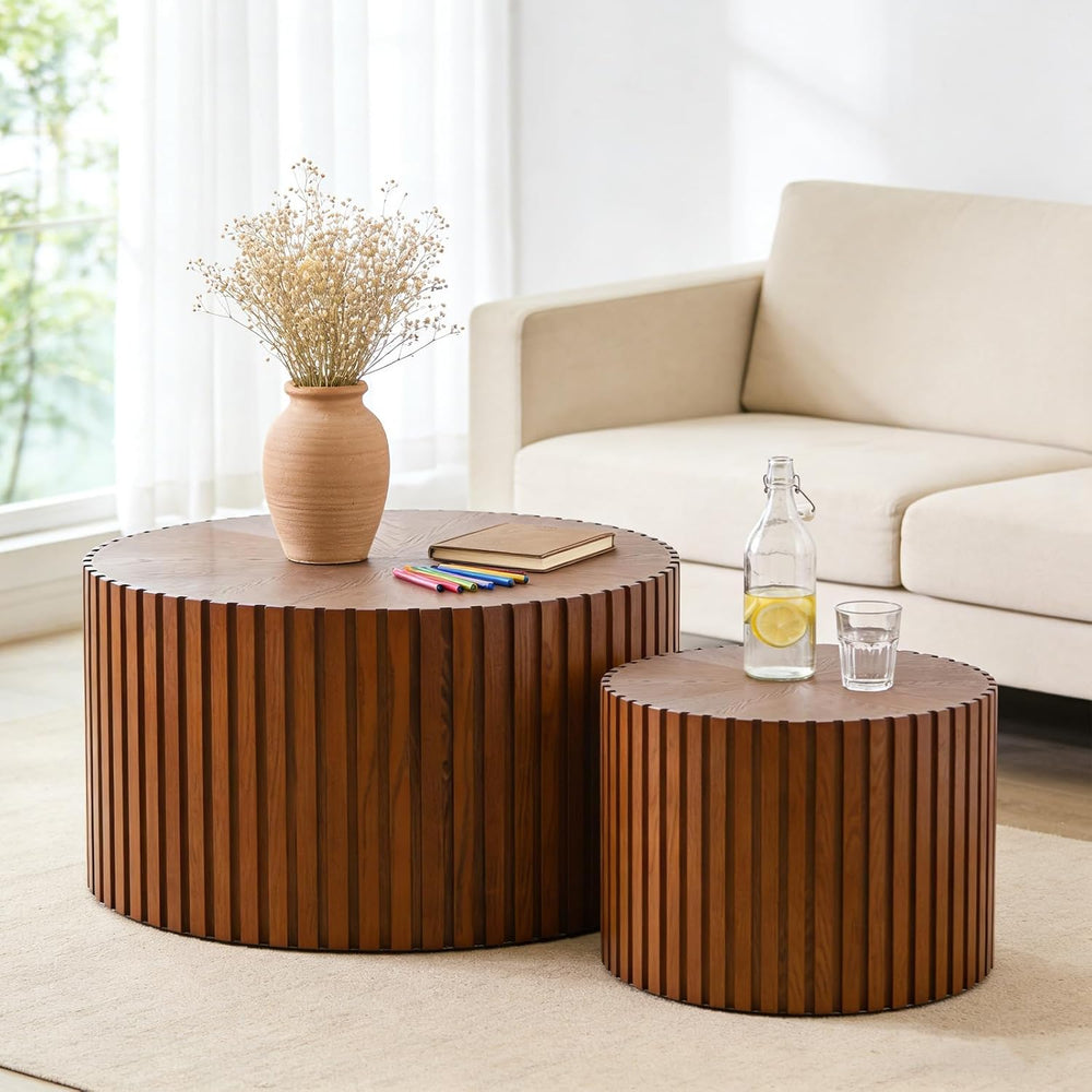 Handcraft Round Nesting Coffee Table (27.6in+19.7in) | Chic Wave Stripe Edge ...