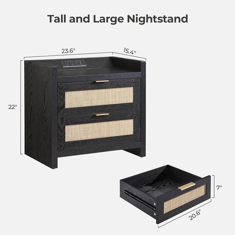 SICOTAS Rattan Nightstands Set of 2 : Bedside Table with 2 Large Drawers