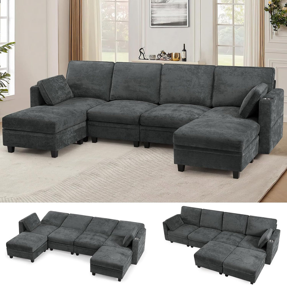 110" Chenille U-Shape Sofa w/& Adjustable Backrests, Grey | Upholste...
