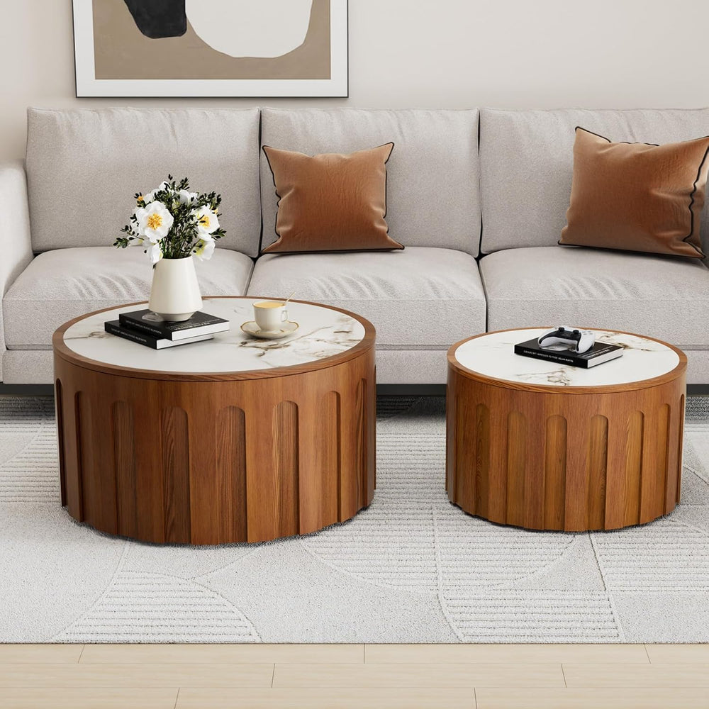 Modern Fluted Nesting Coffee Table Set of 2 | 26.4 in & 19.7 in Round Dru...