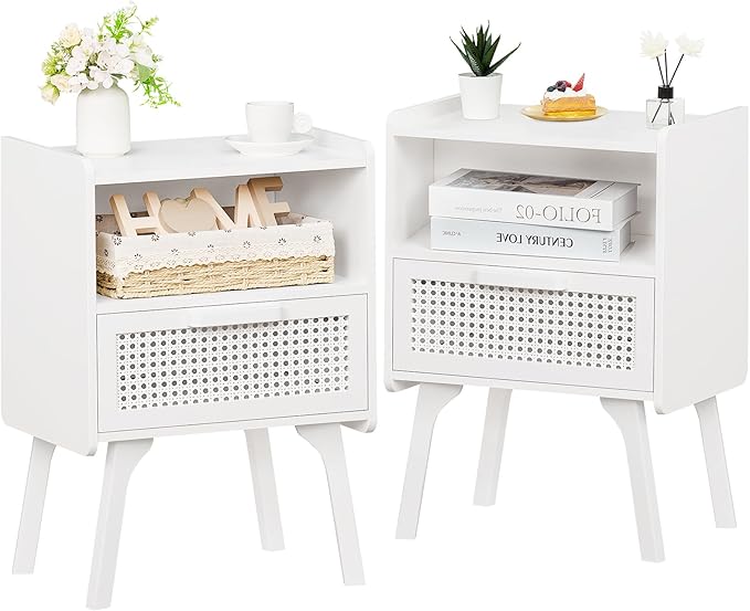 Lerliuo Rattan Nightstands Set of 2, Side Table with Drawer Open Shelf, Cane ...