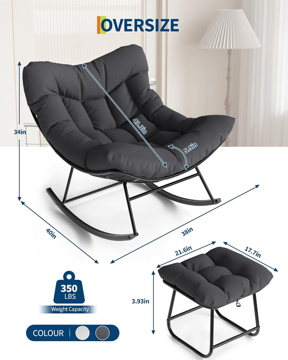 GarveeLife Oversized Papasan Rocking Chair with Footrest, Outdoor Lounge Chai...