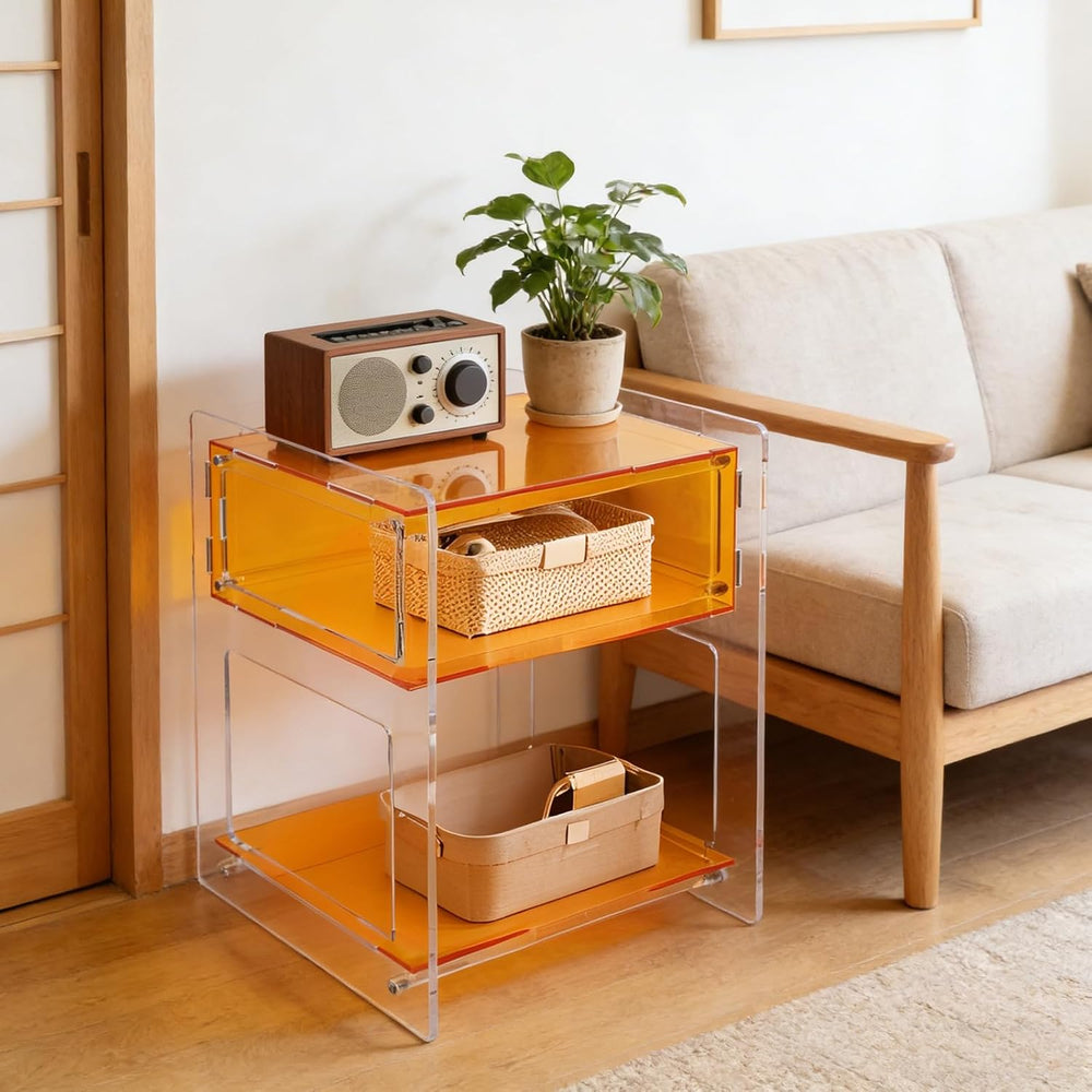 Acrylic Side Table with Open Storage Shelf, Clear Nightstand for Bedroom Livi...