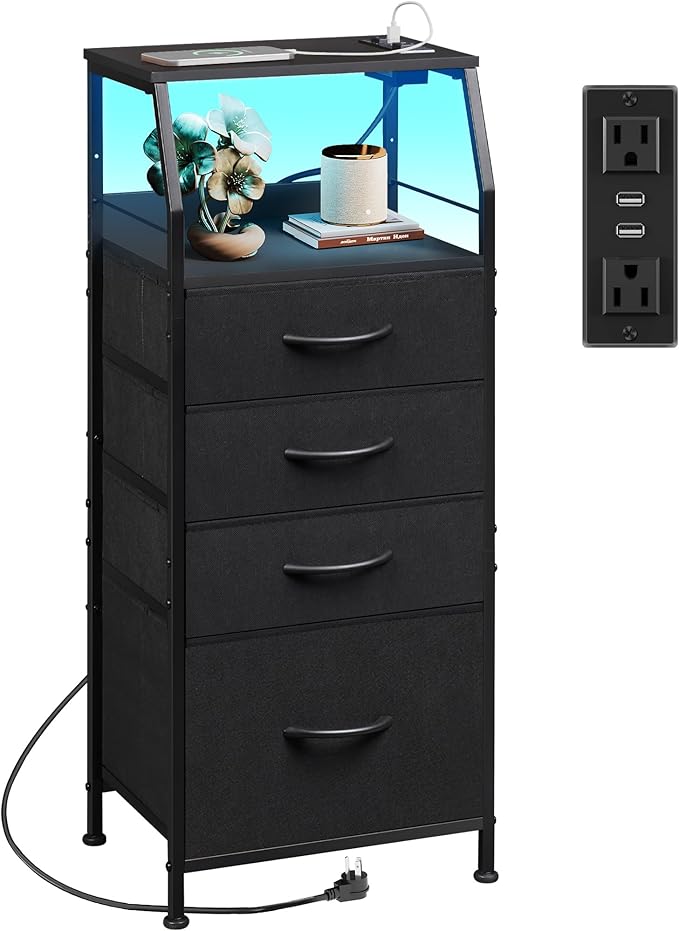 WLIVE Night Stand with Charger Station, LED Nightstand with 4 Fabric Drawers ...