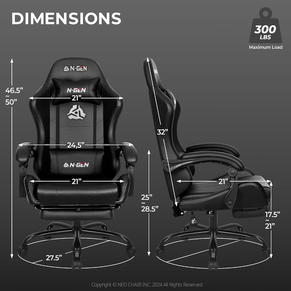 N-GEN GAMING Gaming Chair with Footrest, Lumbar, High-Back, All Black | Recli...