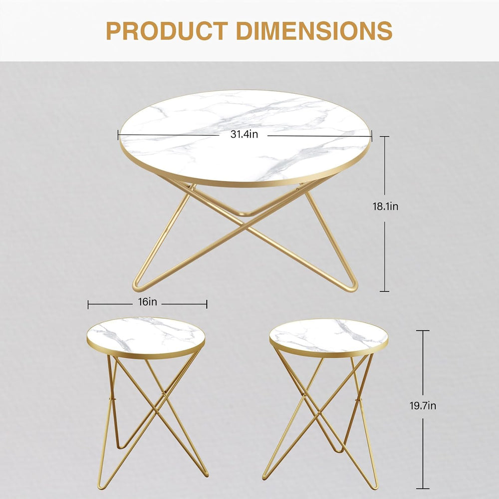 HLR Modern Round Coffee Table and Side Table Set of 3,End Table with Faux Mar...