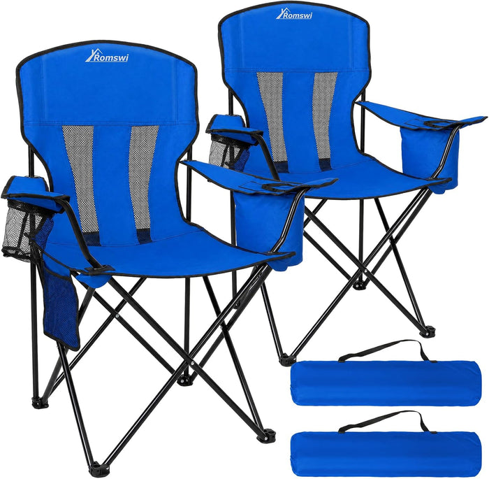 Camping Chairs for Adults 2 Pack, Folding Chair with 4-Can Cooler Bag & Cup Holder, Portable Heavy Duty Outdoor Chair with Mesh Back for Camping, Beach, Lawn, Fishing, Blue