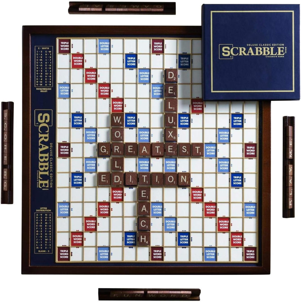 WS Game Company Scrabble Deluxe Edition Rotating Wooden Cabinet Board Game