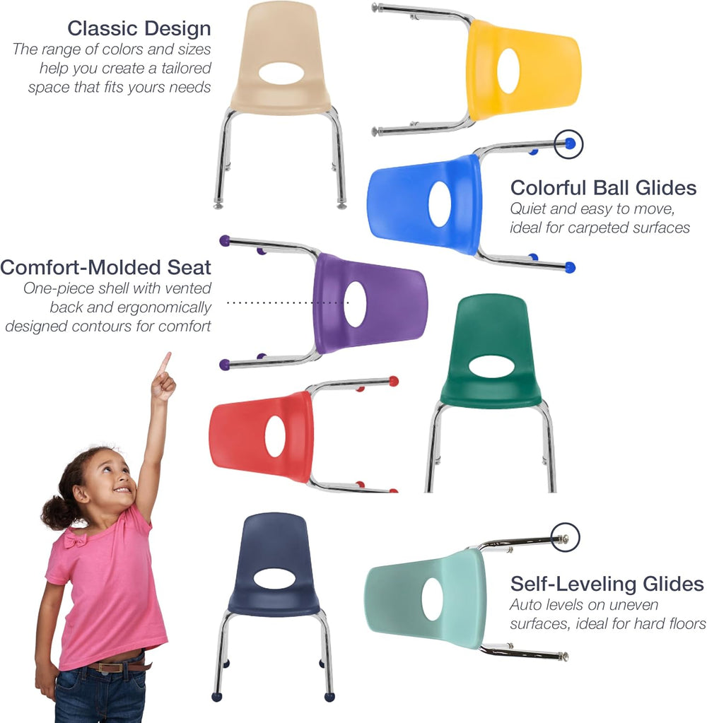 FDP 16" School Stack Chair with Ball Glides, Green, 6-Pack, 10367-GN