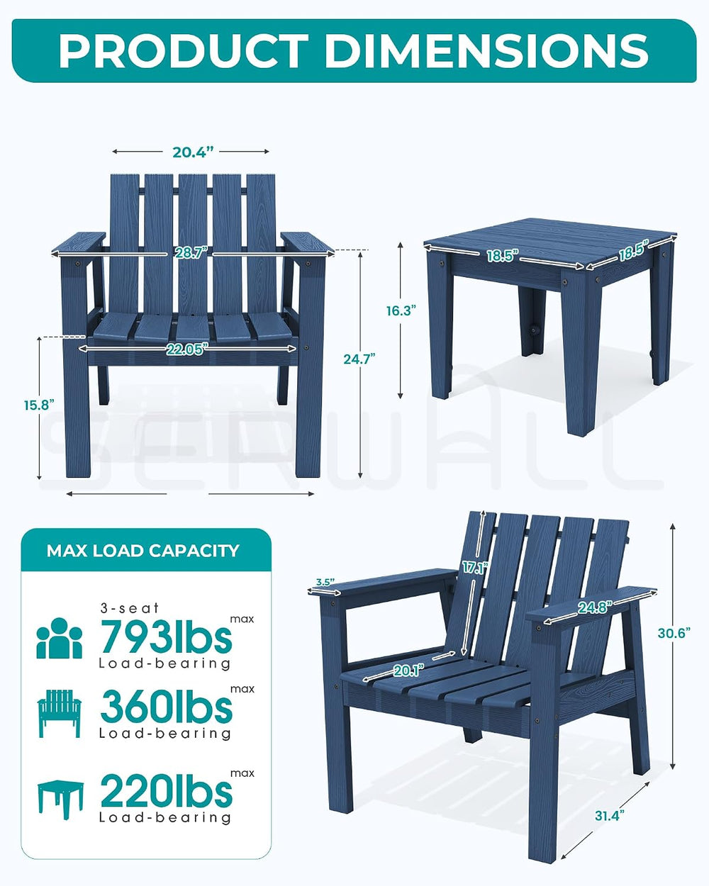 SERWALL Low Back Bistro Set-utdoor Adirondack Chairs and Side Table-Navy