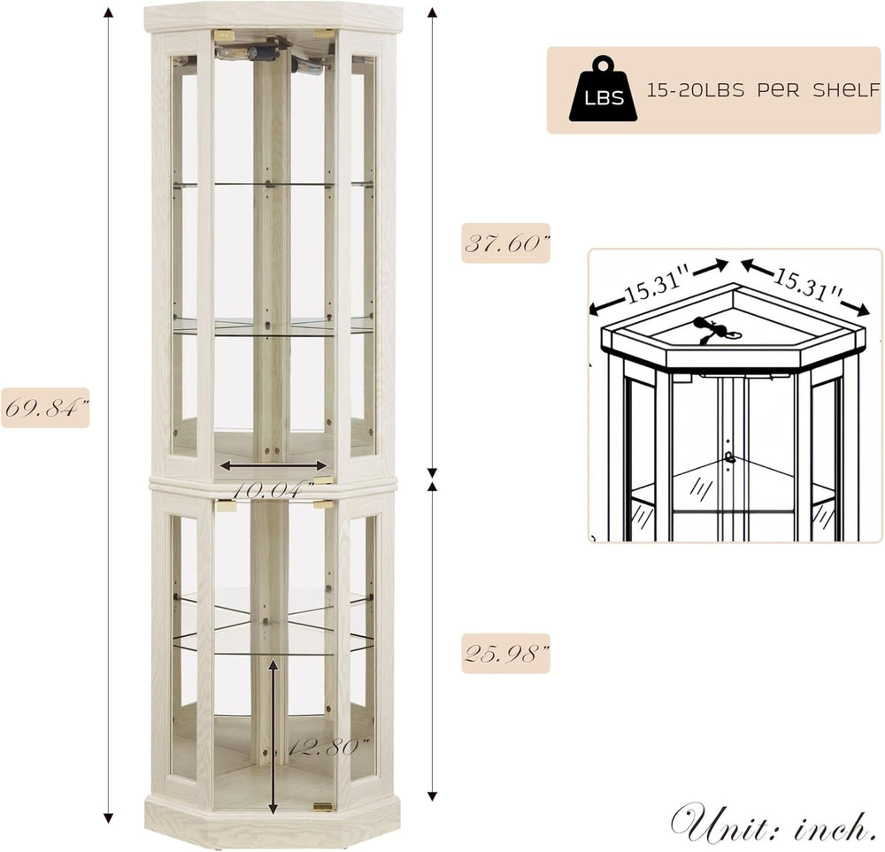 Corner Curio Cabinet, 70" H Lighted Glass Display Cage with Tempered Gla...