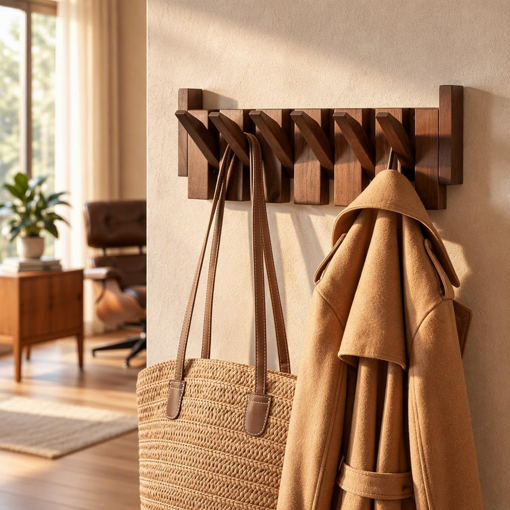 Walnut Wood Piano Coat Rack Wall Mount, Solid Wood Flip Down Wall Hook Rack 6...