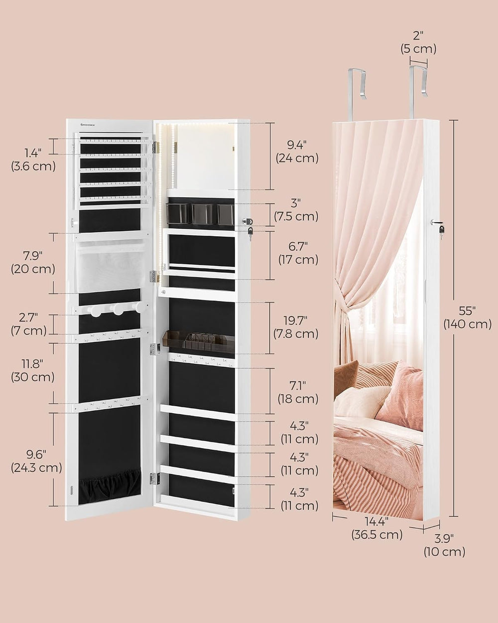 SONGMICS Jewelry Cabinet Armoire with Mirror, Wall or Door Mount, 55 Inches