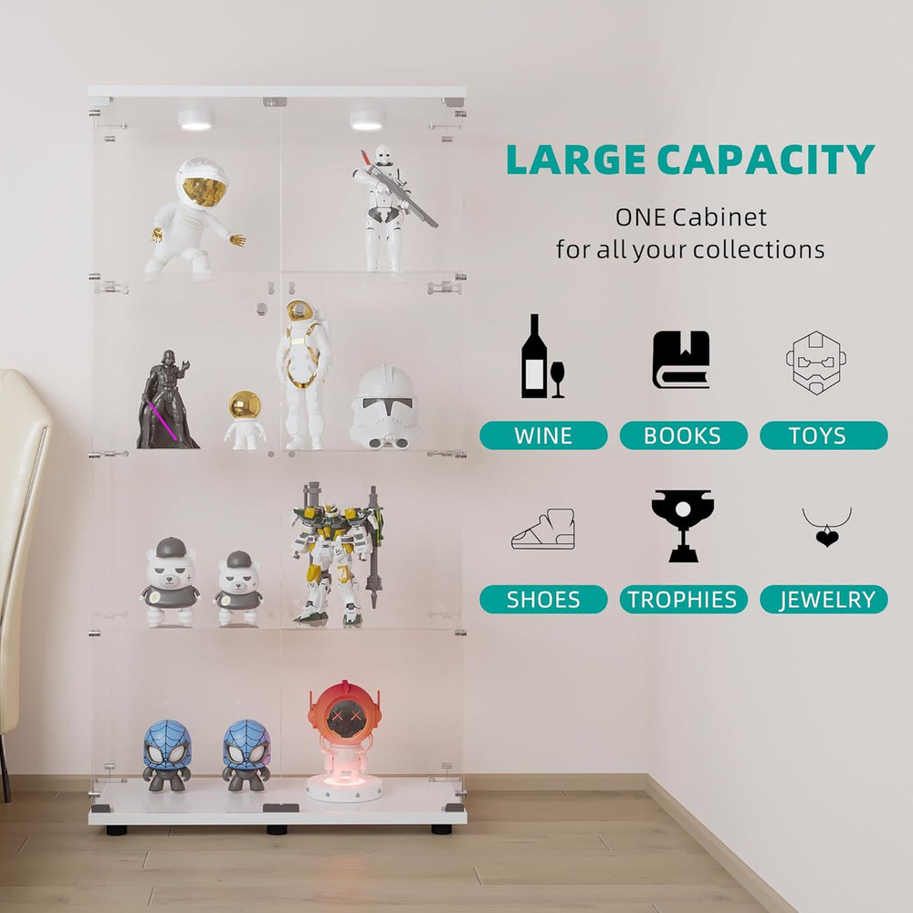 FANYUSHOW Display Cabinet with Glass Door and LED Light, 4-Tier Tempered Glas...