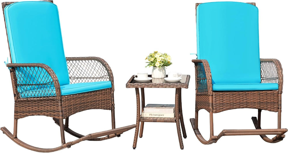 Greesum 3 Piece Outdoor Wicker Rocking Chairs Patio Furniture Set,Blue