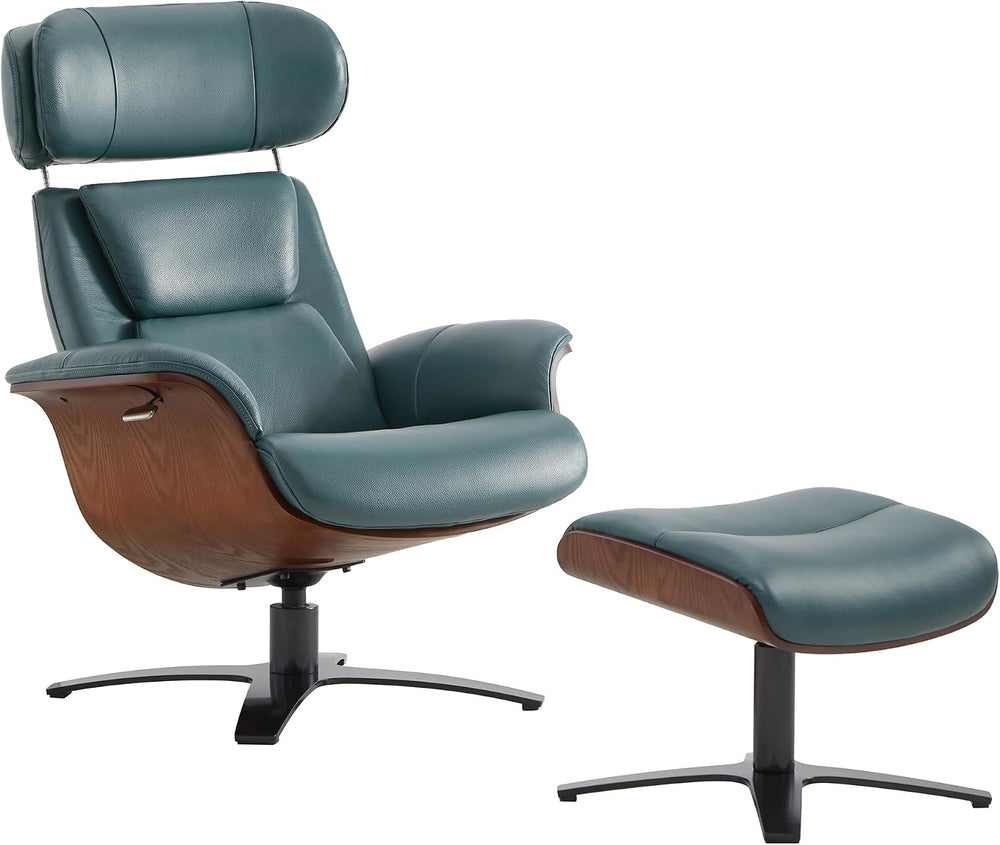CHITA Genuine Leather Reclining Swivel Accent Chair with Ottoman, Teal | Eame...