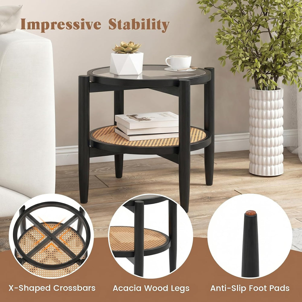 Giantex Rattan Round End Table, Boho Nightstand with Tempered Glass Top &...