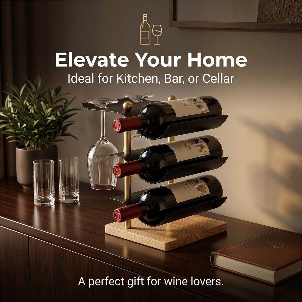 Modern Abstract Wine Rack, Black Metal Wine Holder with Wood Base, 3 Bottle W...