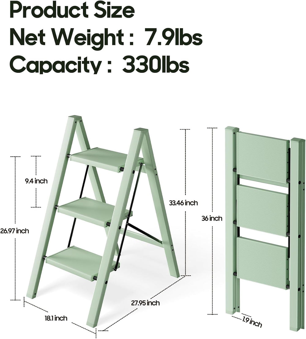 HillhutApex Aluminum Step Stool Foldable,3 Step Ladder (Pale Green)