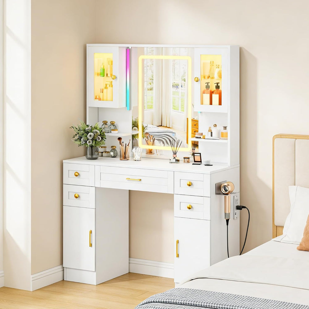 NUNU LAB White Vanity Desk with Sliding Mirror and Lights | Women Makeup Vani...