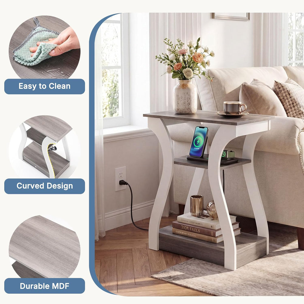 OLIXIS End Table with Charging Station, Modern Curved Nightstand Set of 2
