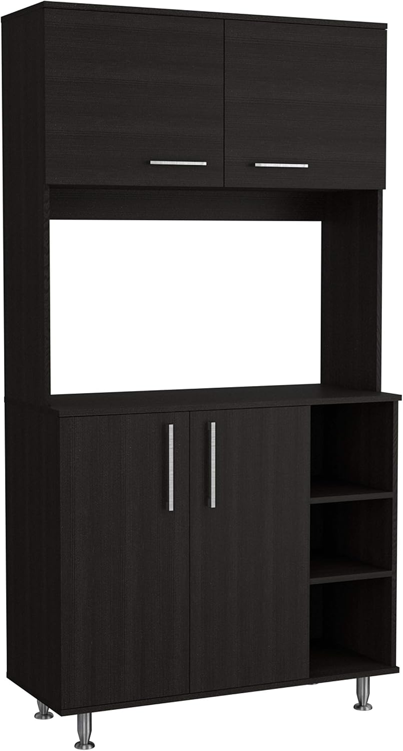 Modern Kitchen Pantry, Storage Cabinet with 4 Doors, Black, Particle Board, f...