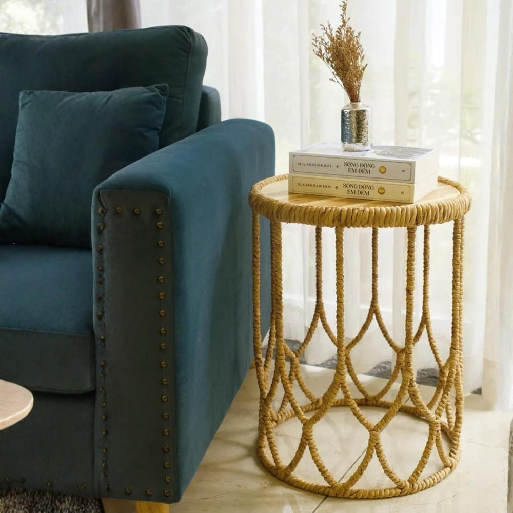 VNT Signature Handwoven Round Side Table with Solid Wood Top – Natural Rattan...