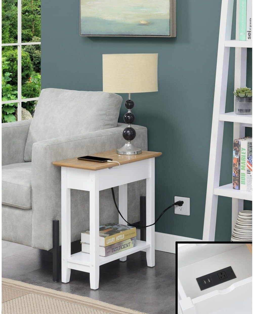 HomeStock Cool Flip Top End Table with Charging Station, 23-in x11-In x24-In,...