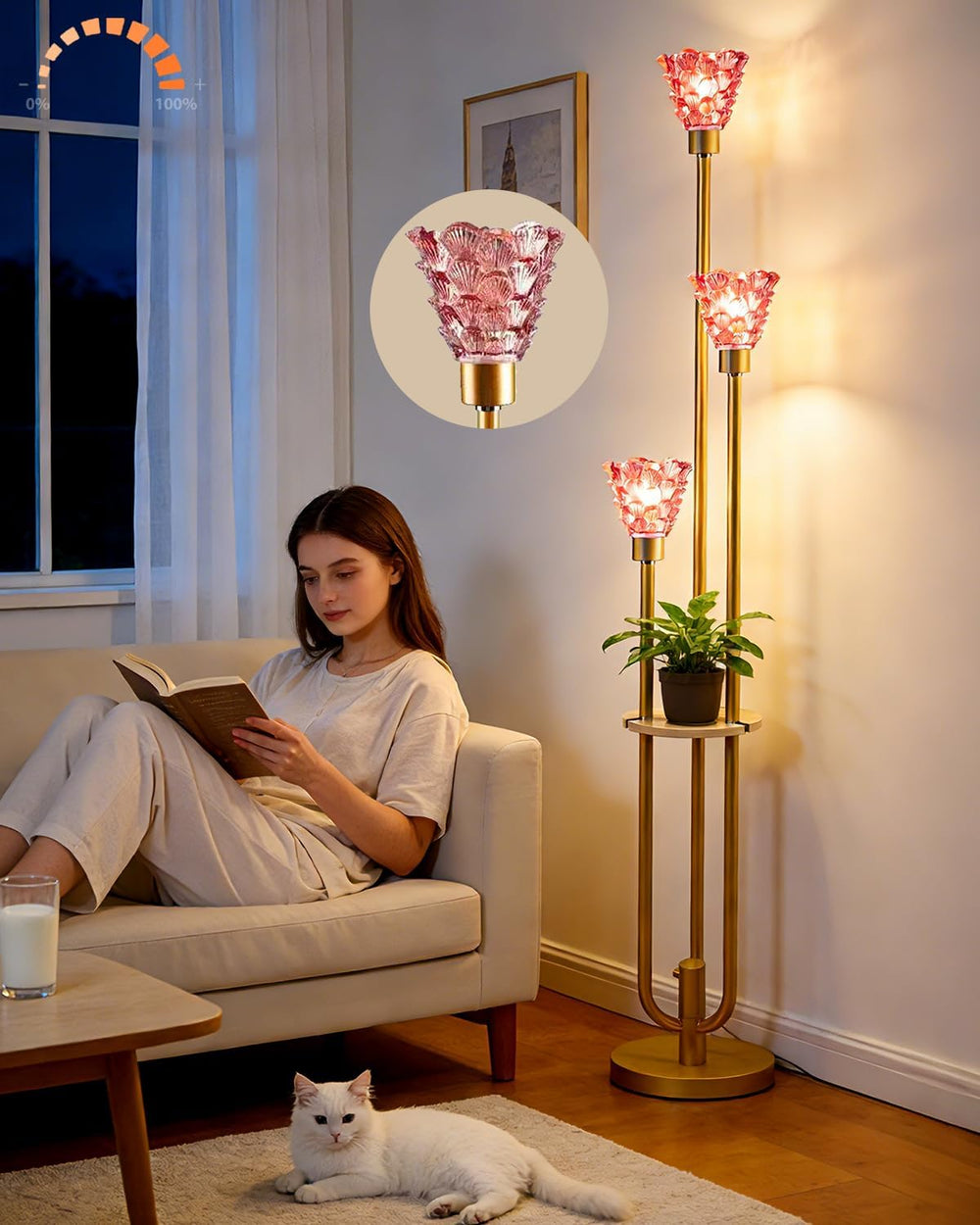 Glass Floor Lamp with Shelf, 63IN Mid Century Modern Gold Floor Lamps with 3 ...