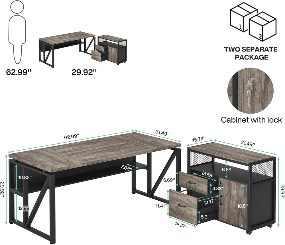 Tribesigns L Shaped Desk with Drawer Cabinet, 63" Executive Computer Des...
