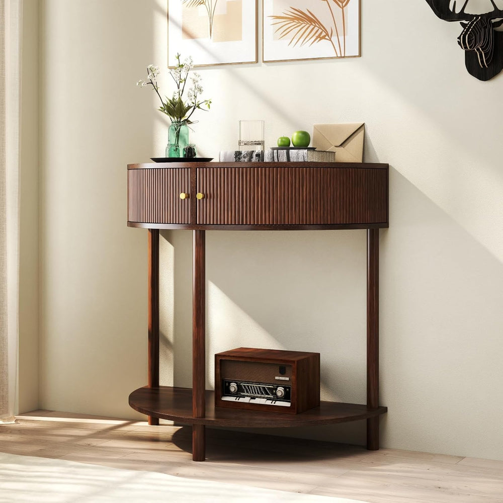 Entryway Table, Artisan-Crafted Half Moon Fluted Console Tables with 2 Rattan...