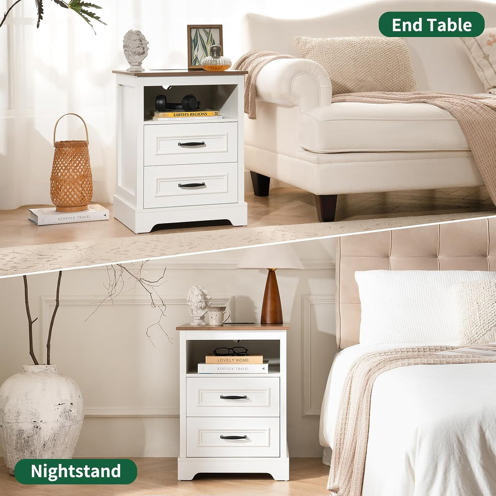 Farmhouse Nightstand with Charging Station, Wood Night Stand with Drawers, Be...