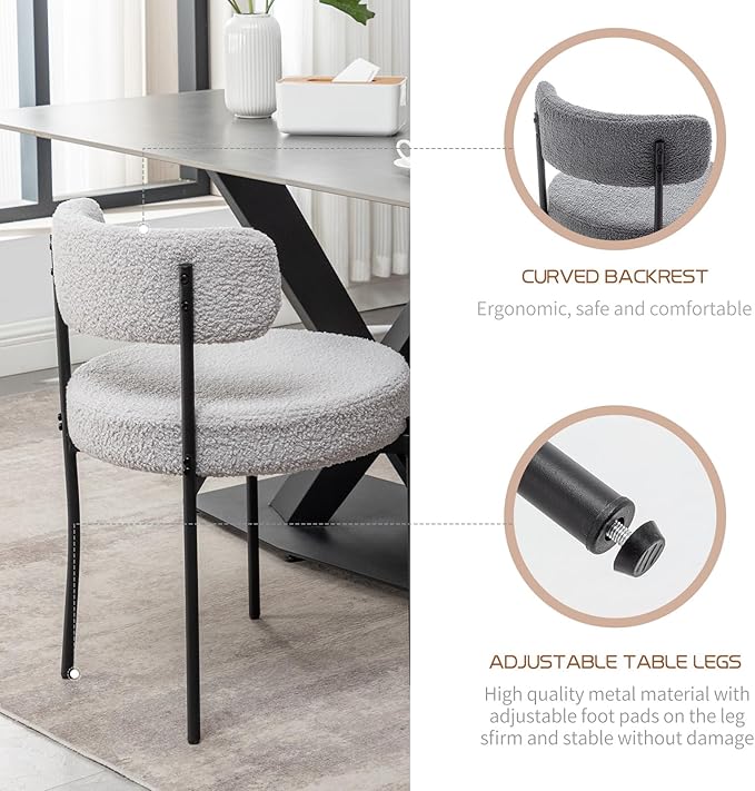 Boucle Dining Chairs Set of 2, Mid Century Modern Dining Room Chairs with Met...