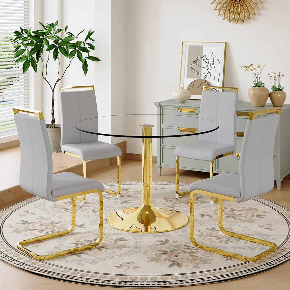 42'' Round Dining Table Set for 4, Glass Kitchen Table Chairs Set of ...