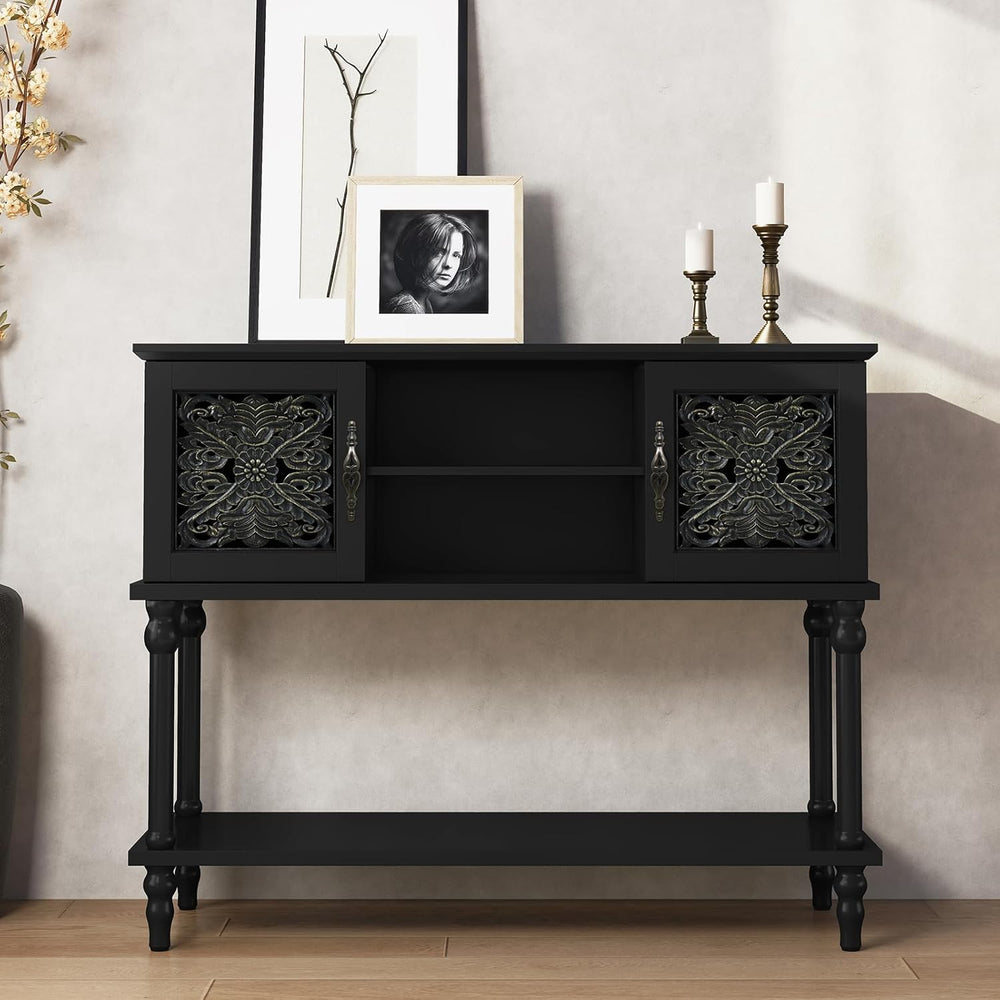 ARTPOWER 42" Vintage Console Table with Hand-Carved Doors for Hallway,Bl...