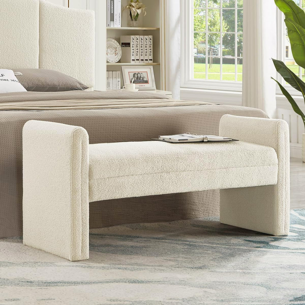 24KF Modern Upholstered Bed Bench Covered with Soft Boucle Teddy Fabric, Love...