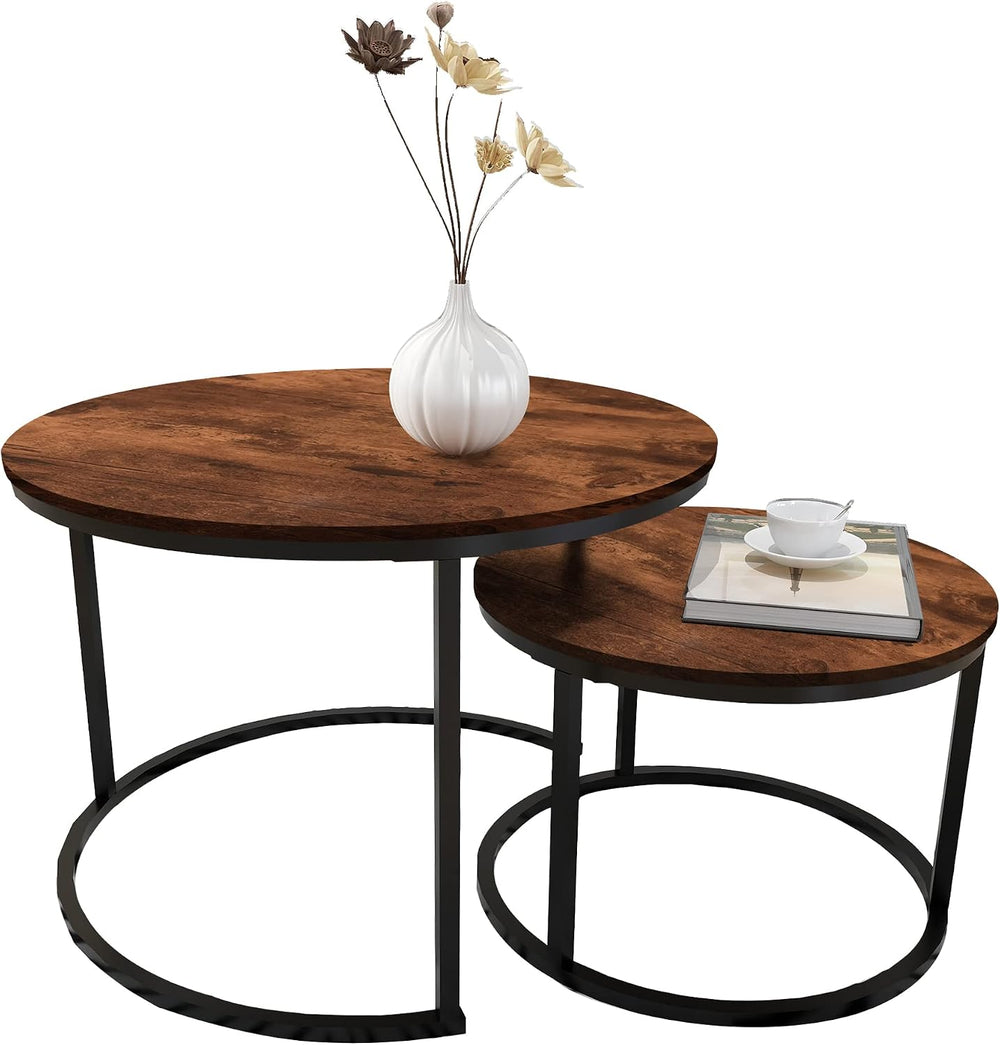 HOMERECOMMEND Round Coffee Table Set of 2 for Living Room,Rustic Brown | Mode...