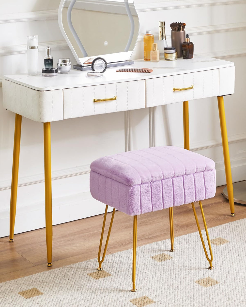 IBUYKE Vanity Stool Chair with Storage, Faux Fur Ottoman, Purple LG-50V | Foo...