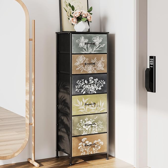 Tohomeor Vintage Dresser Vertical Nightstand with Neutral Botanical Plant Fab...