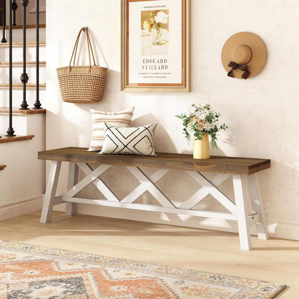 Wnutrees 54" Farmhouse Wood Bench, Rustic Solid Wood Entryway Bench Seat...