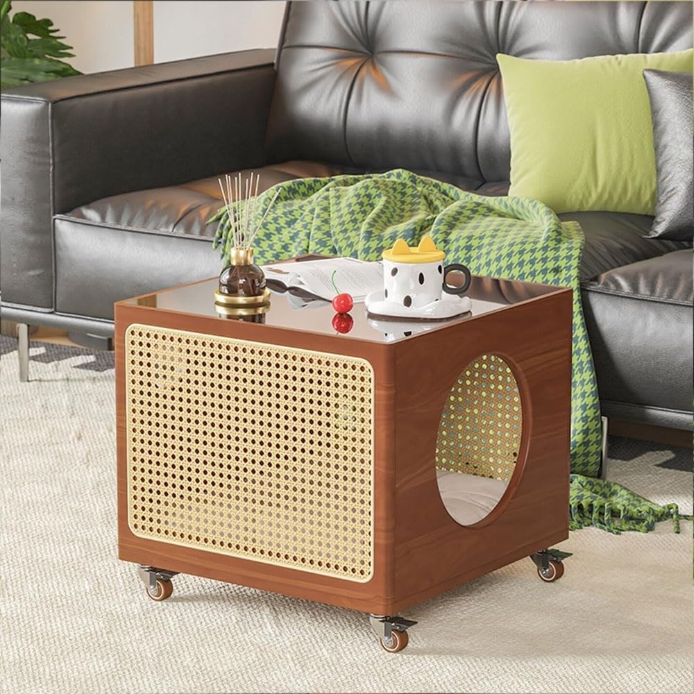 Bedside Table with Cat Condo Movable Side Table Wood and Handcrafted Rattan C...