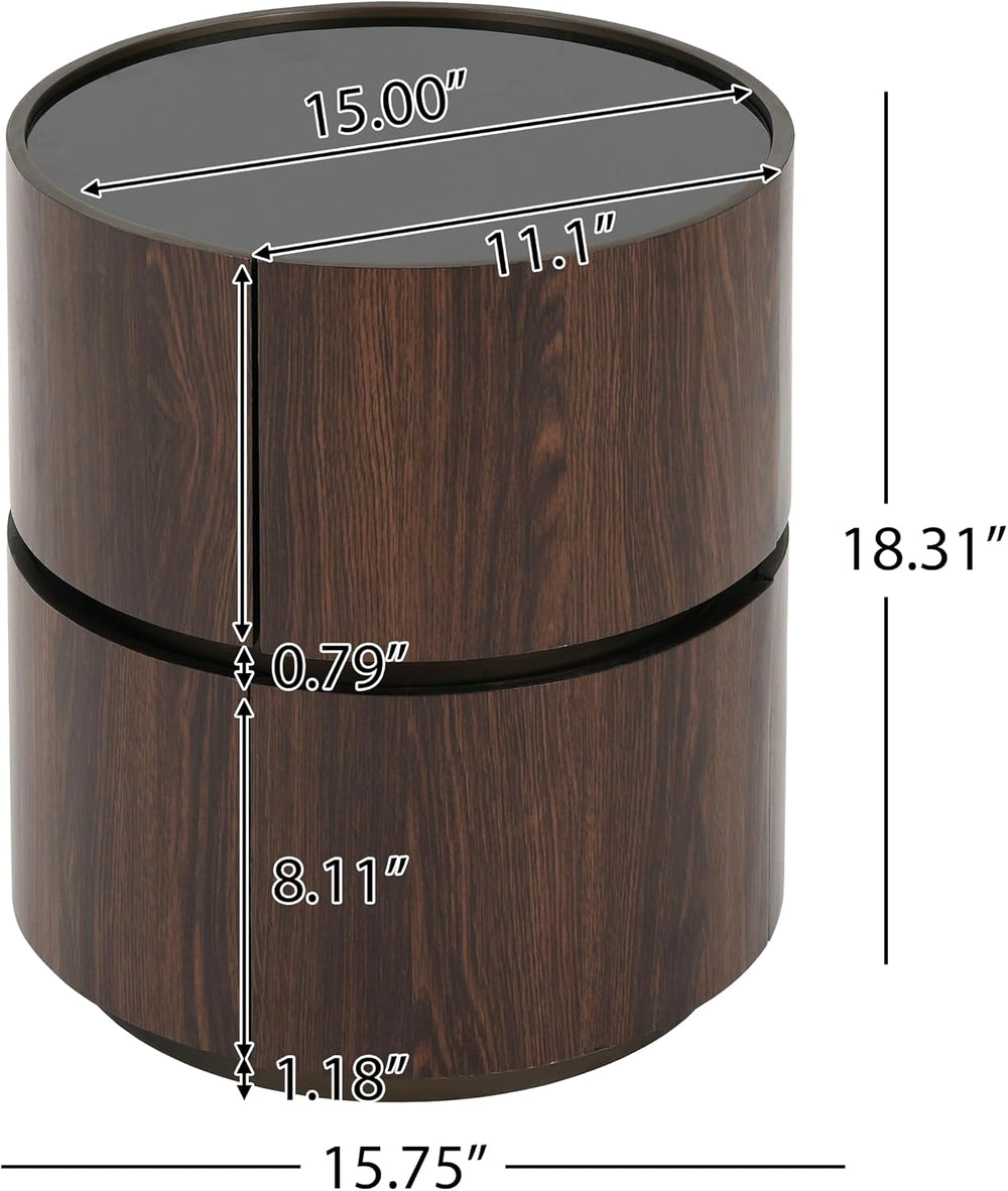Italian High-End MDF Double-Layer Storage Round Side Table - Brown & Blac...