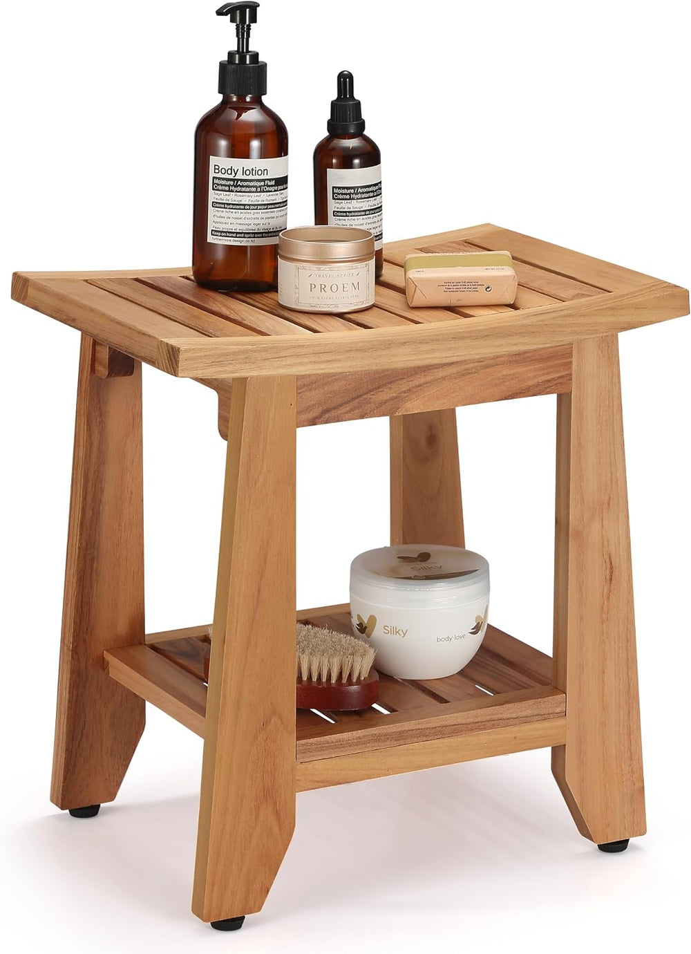 Teak Shower Bench Stool, 14'' Compact Waterproof Wooden Sauna Bath Be...